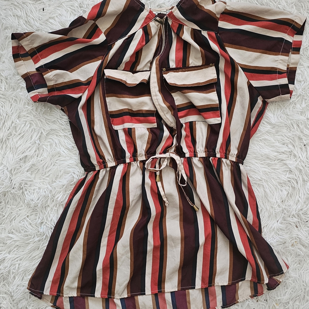 Chic Striped Women's Blouse - Red, Brown, Cream